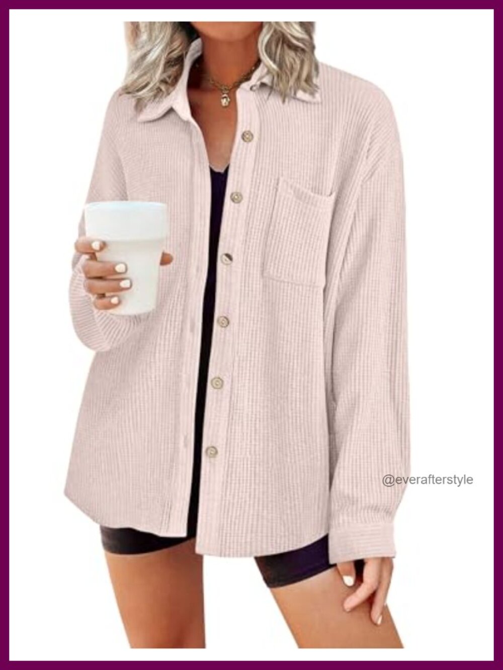 Waffle Knit Button Down Shacket Long Sleeve Lightweight